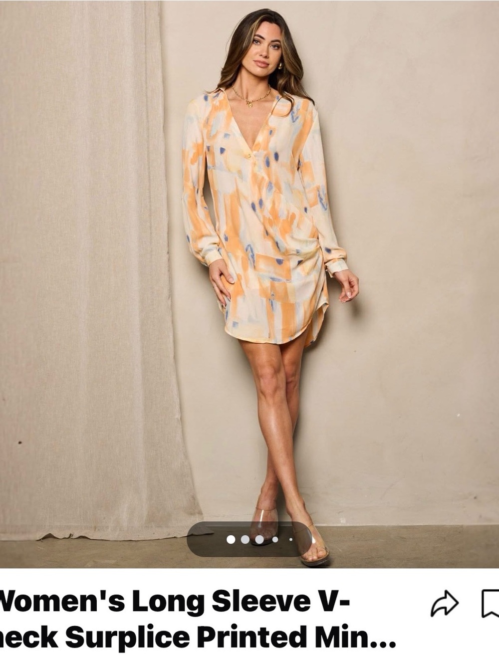 Long Sleeve V-Neck Surplice Mini Dress in Peach Print
